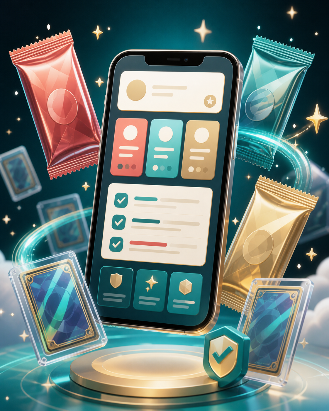 スマホ画面でオリパ販売サイトを比較しているイラスト